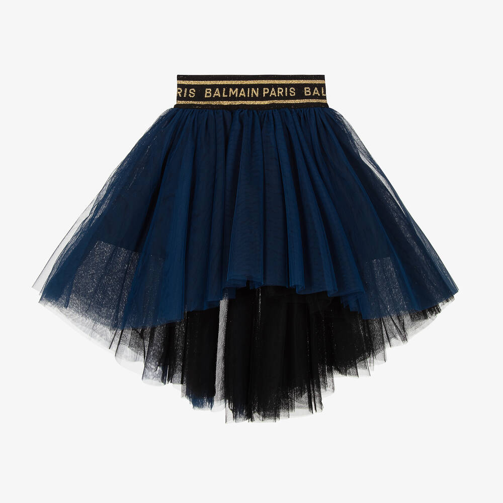 Balmain - Girls Blue & Gold Tulle Logo Skirt | Childrensalon