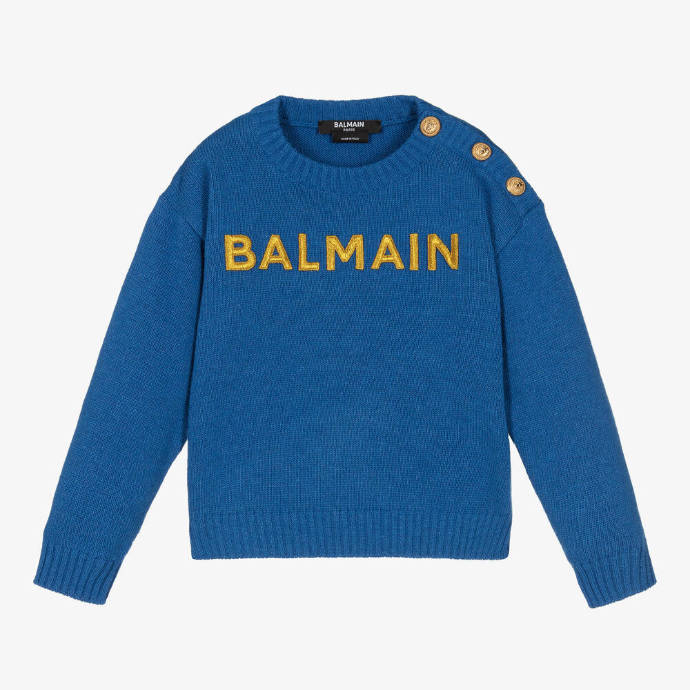Balmain - Pull bleu laine et cachemire fille | Childrensalon