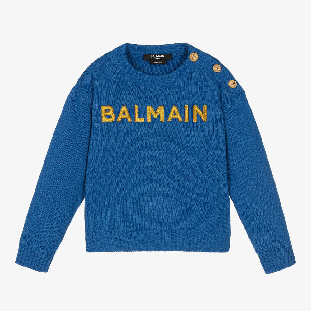 Balmain - كنزة صوف وكشمير محبوك لون أزرق للبنات | Childrensalon