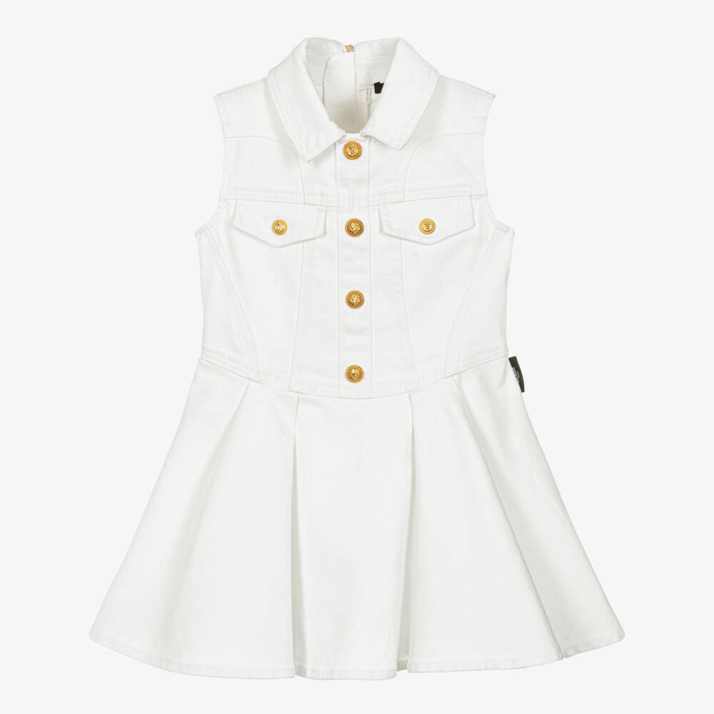 Balmain-فستان دنيم أبيض أنيق بلا أكمام للبنات | Childrensalon Outlet