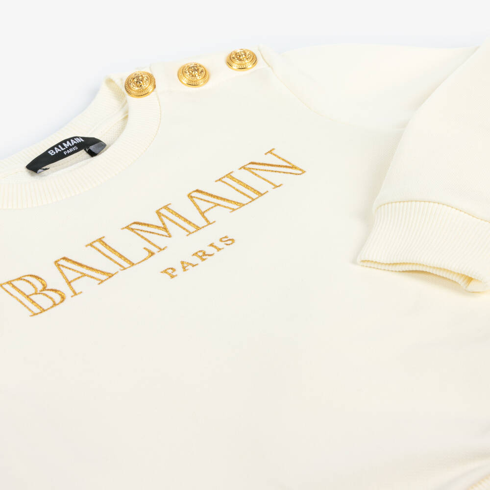 Balmain-سويتشيرت مطرز قطن جيرسي لون عاجي للبنات | Childrensalon Outlet