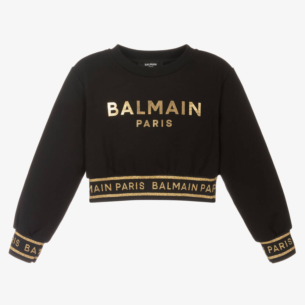 Balmain - سويتشيرت قصير قطن لون أسود للبنات | Childrensalon