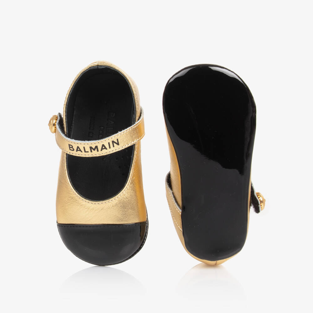 Balmain-Girls Gold Leather Pre-Walker Shoes | Childrensalon Outlet