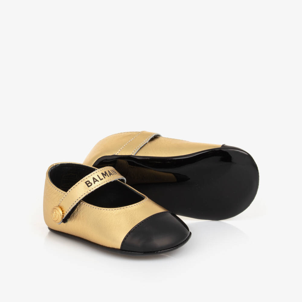 Balmain-Girls Gold Leather Pre-Walker Shoes | Childrensalon Outlet