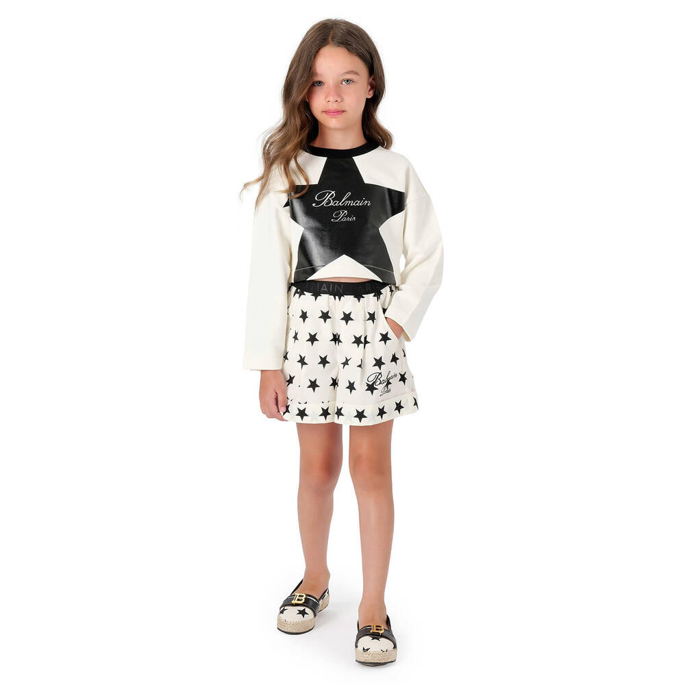 Balmain-Girls Ivory Cotton Star Print Shorts | Childrensalon Outlet