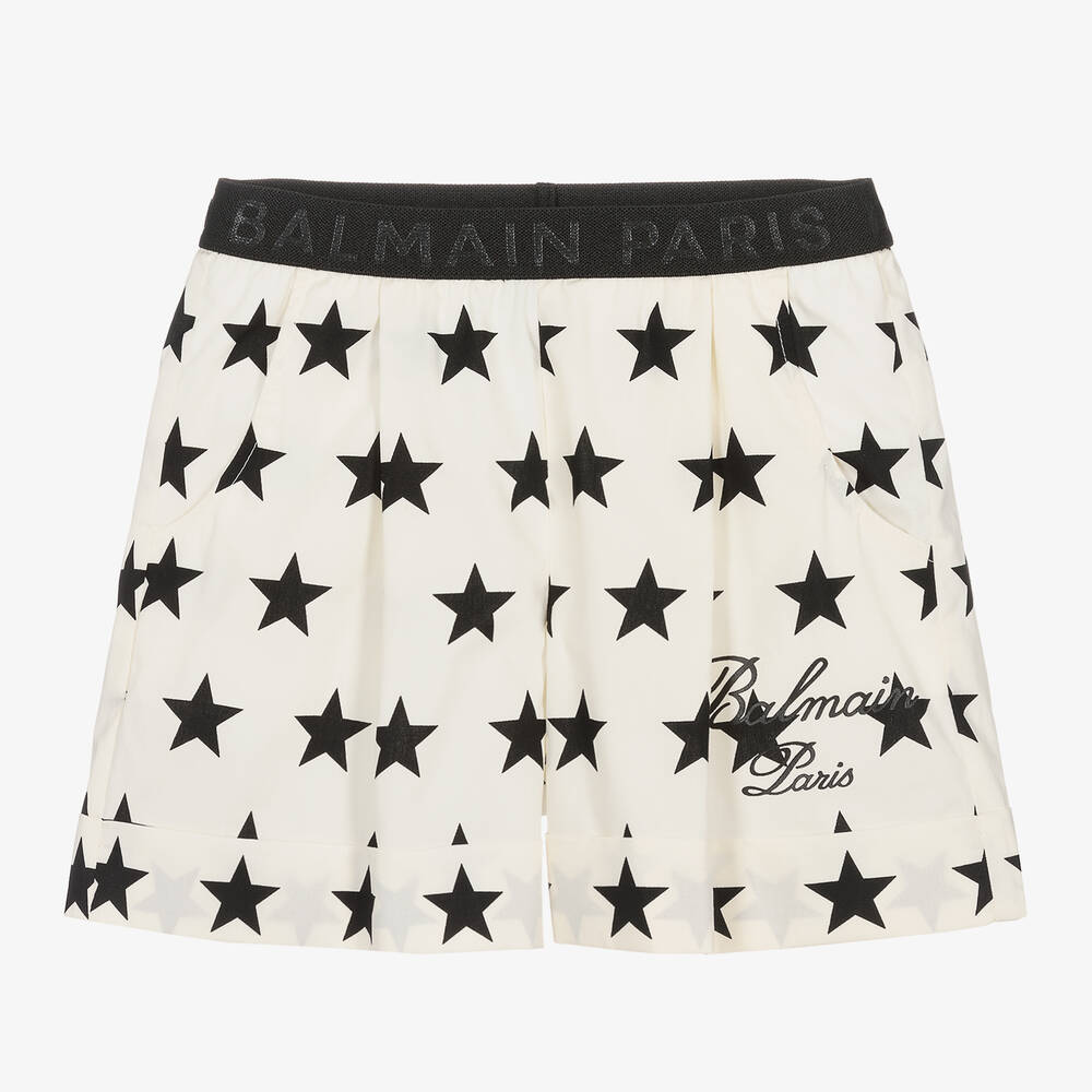 Balmain-Girls Ivory Cotton Star Print Shorts | Childrensalon Outlet