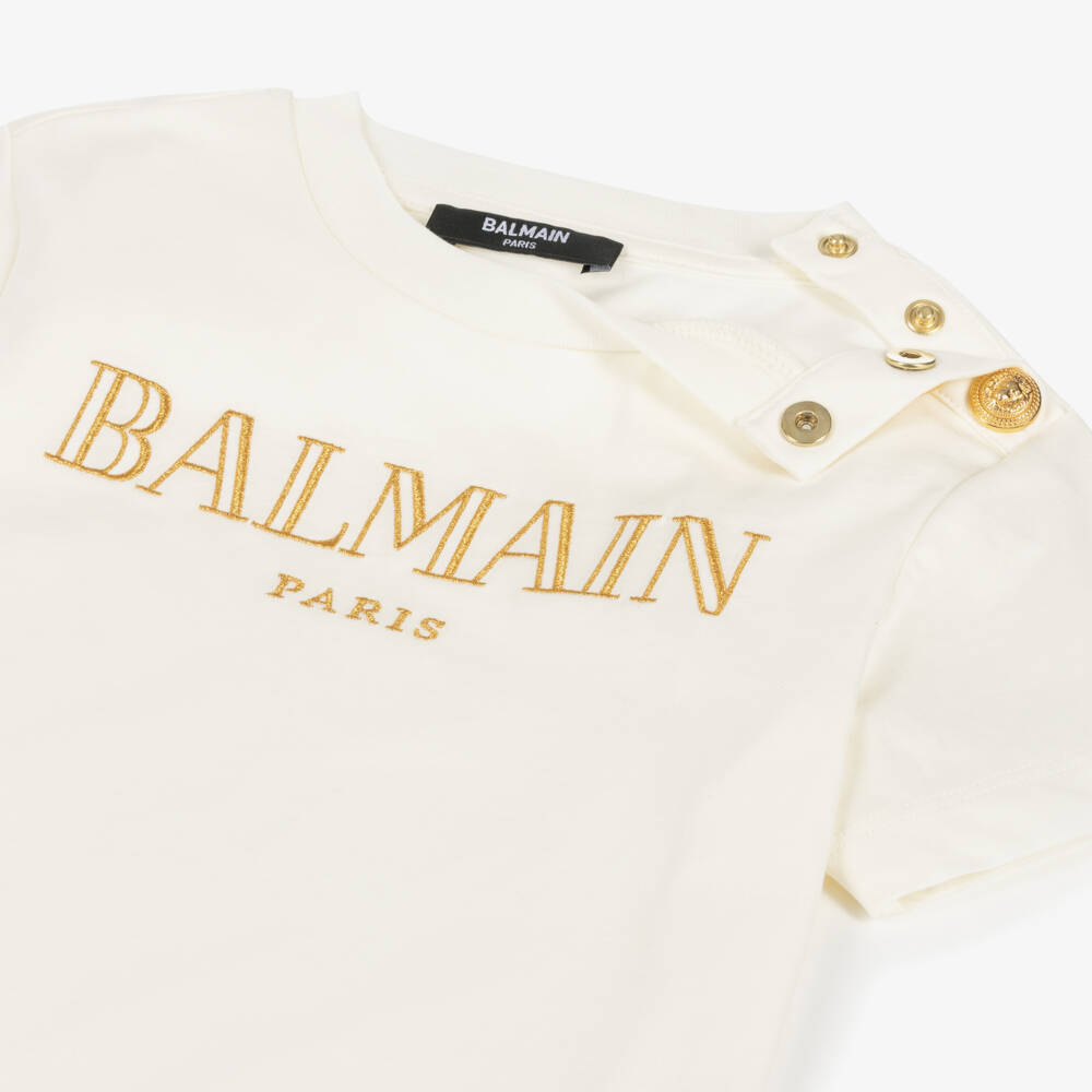 Balmain-Girls Ivory Logo Tee | Childrensalon Outlet