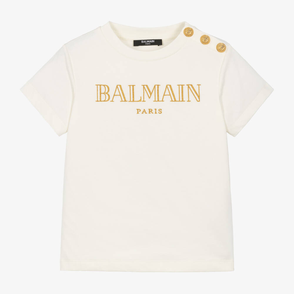 Balmain-Girls Ivory Logo Tee | Childrensalon Outlet