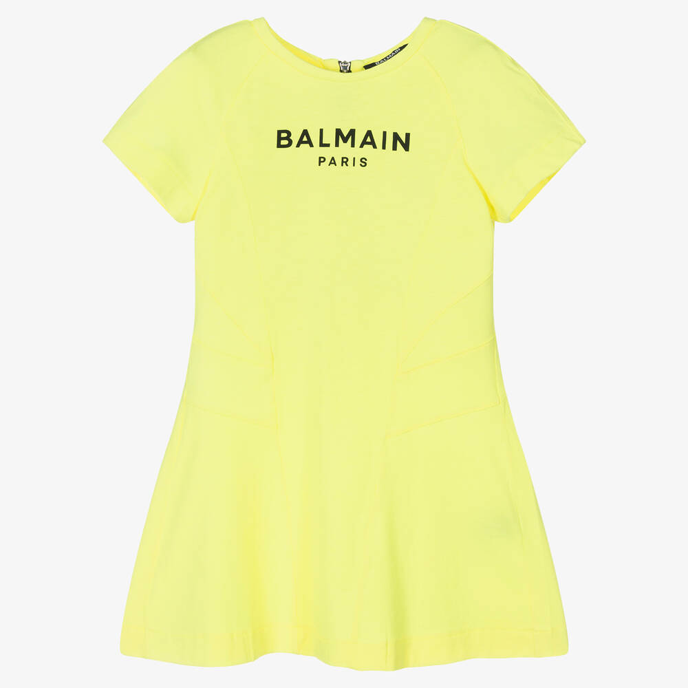 Balmain - Girls Neon Yellow Cotton Logo Dress | Childrensalon
