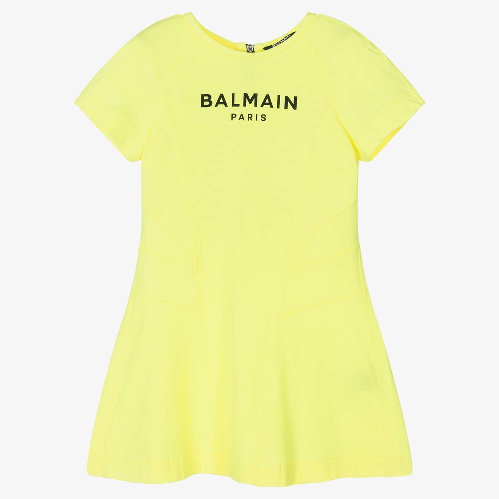 Balmain-Girls Neon Yellow Cotton Logo Dress | Childrensalon Outlet