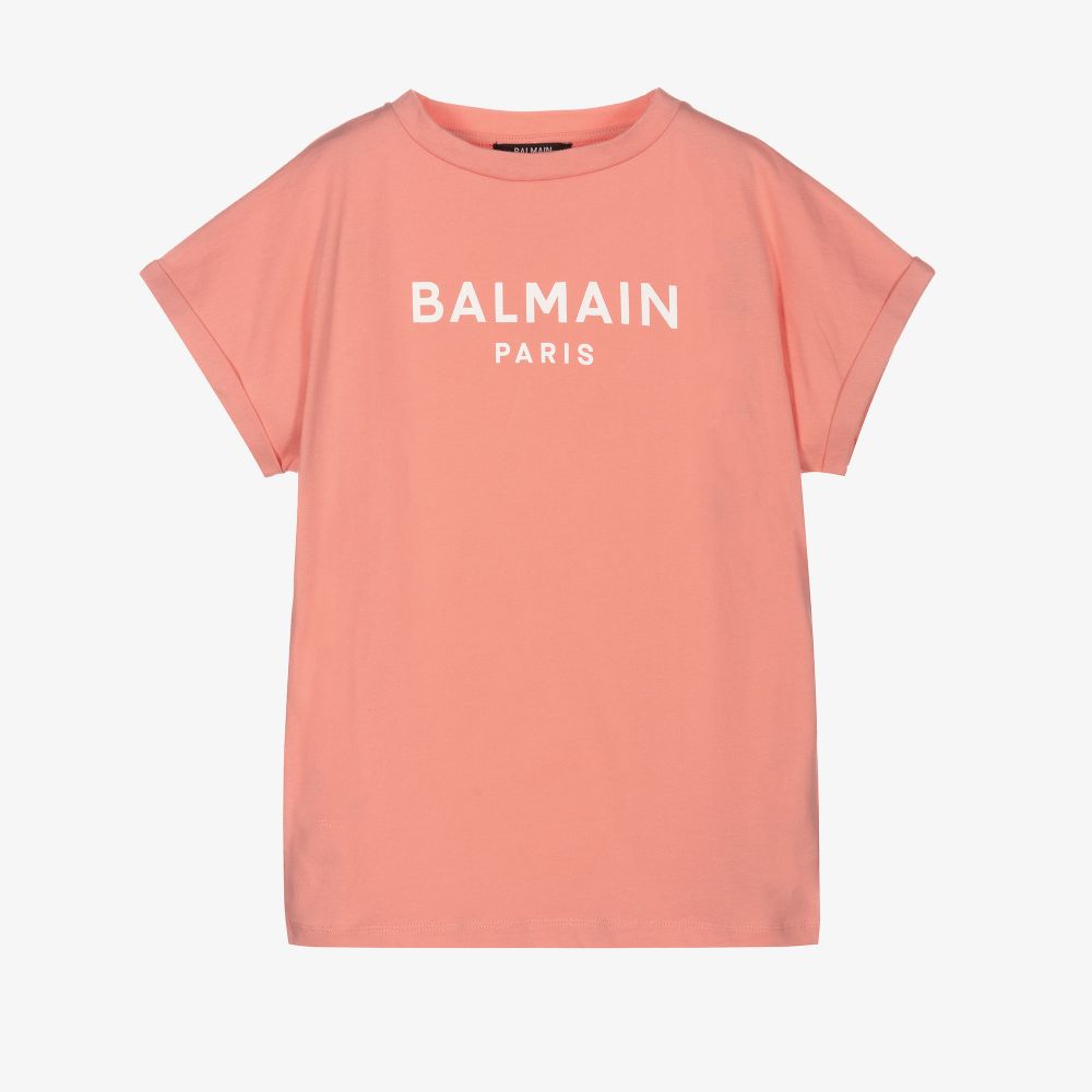 Balmain - Girls Pink Cotton Logo T-Shirt | Childrensalon