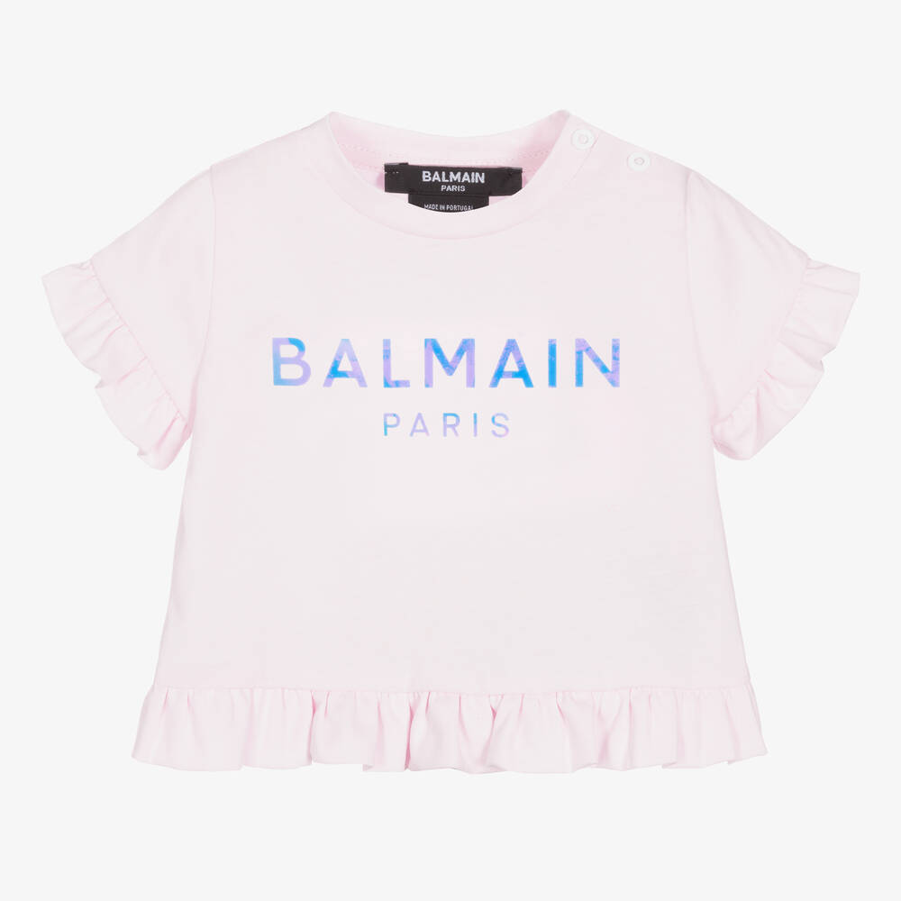 Balmain - Girls Pink Cotton Logo T-Shirt | Childrensalon