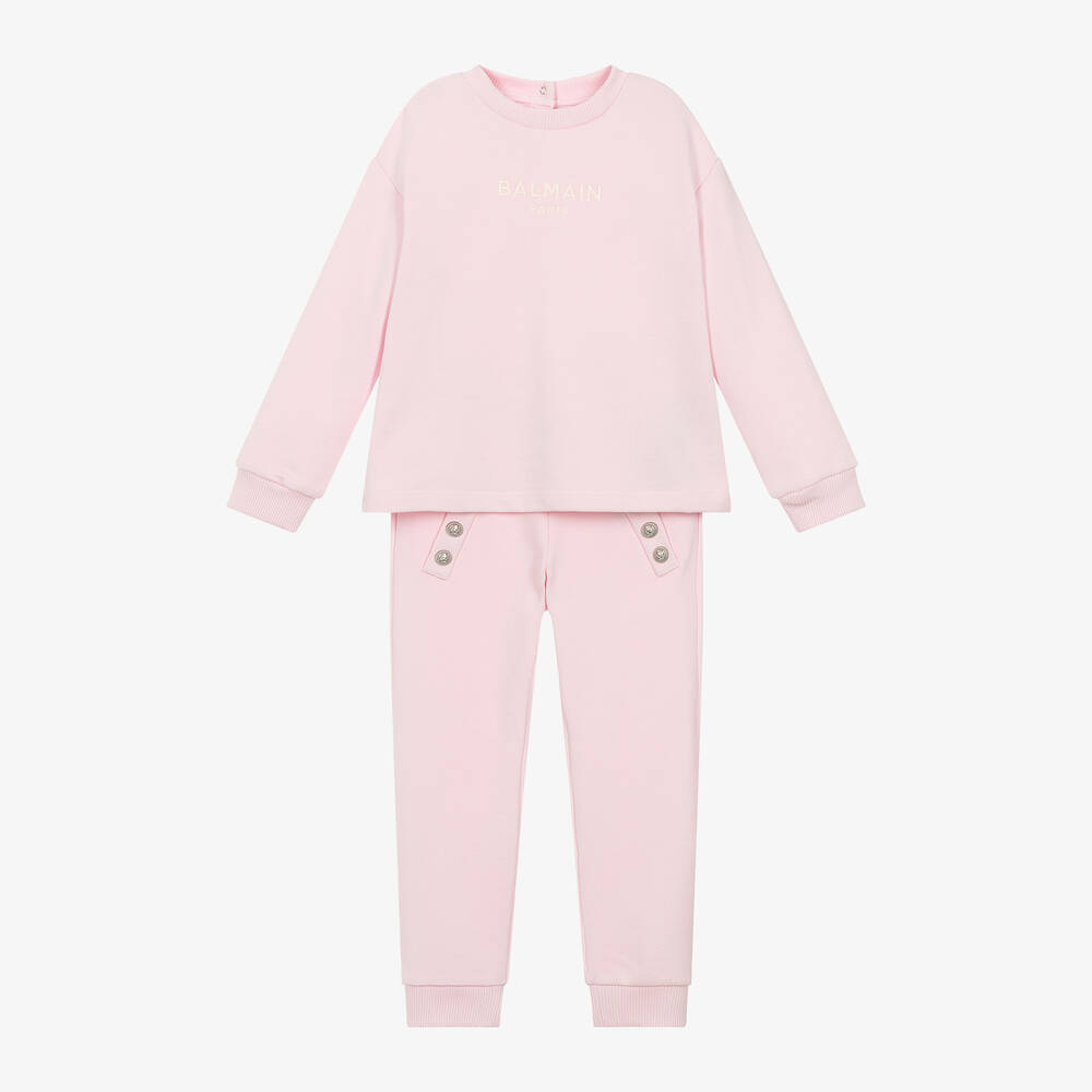 Balmain-Girls Pink Embroidered Cotton Tracksuit | Childrensalon Outlet