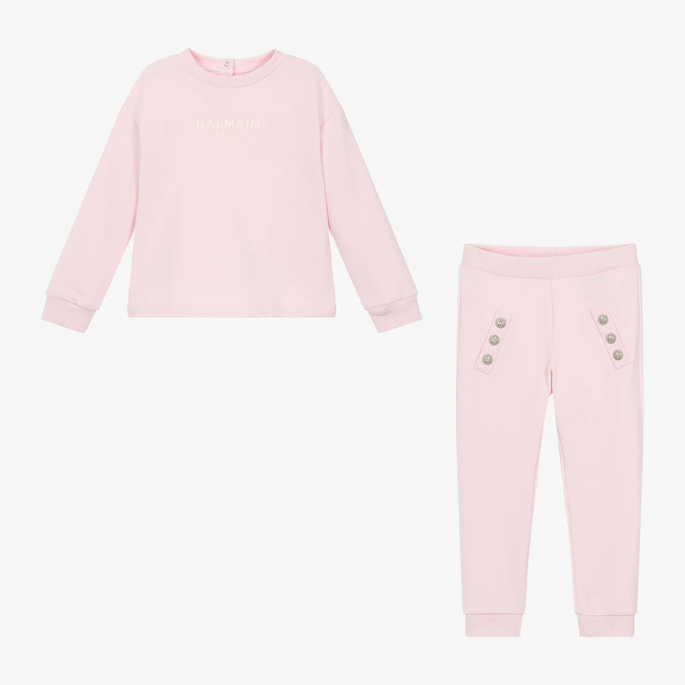 Balmain-Girls Pink Embroidered Cotton Tracksuit | Childrensalon Outlet