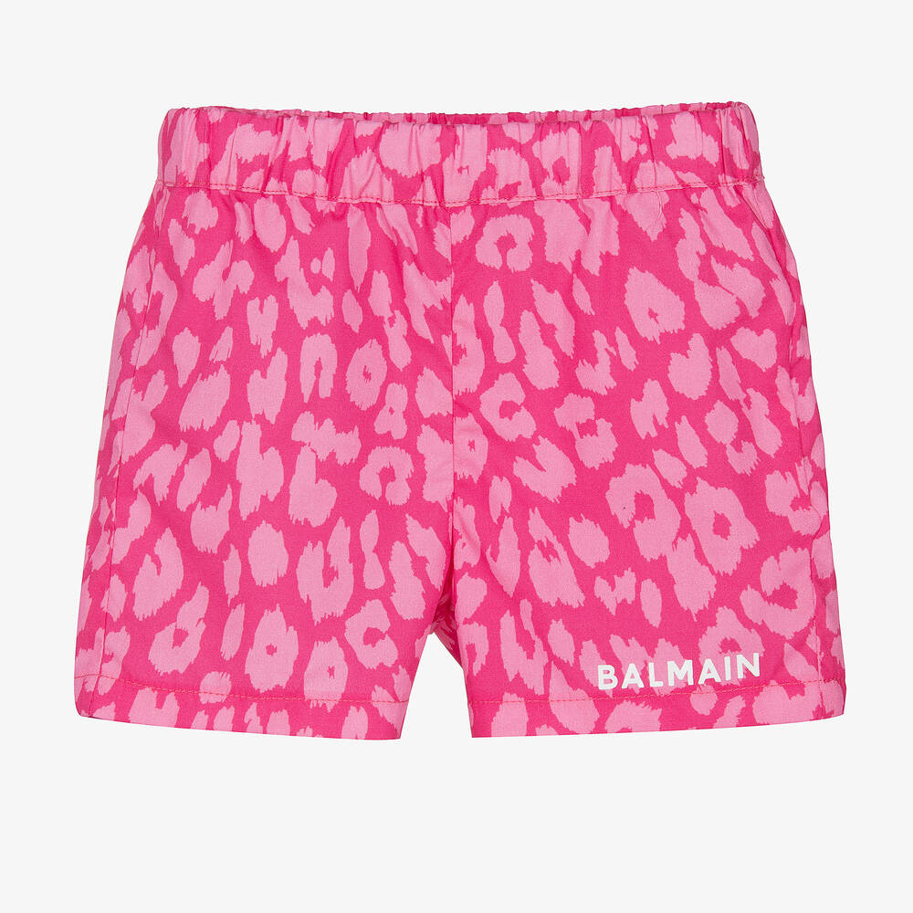 Balmain - Girls Pink Leopard Print Cotton Shorts | Childrensalon