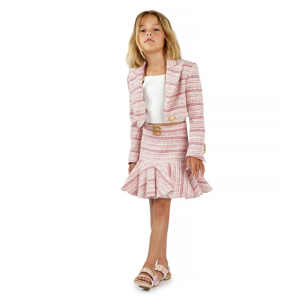Balmain Girls Pink Tweed Cropped Blazer Childrensalon Outlet