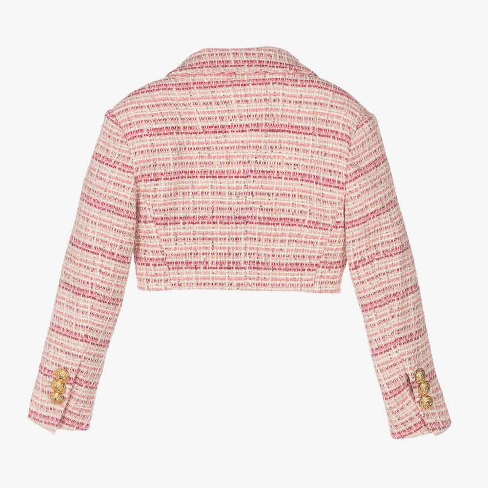 Balmain-Girls Pink Tweed Cropped Blazer | Childrensalon Outlet