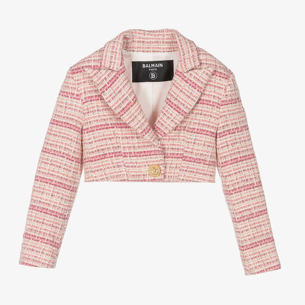 Balmain - Blazer court rose en tweed fille | Childrensalon