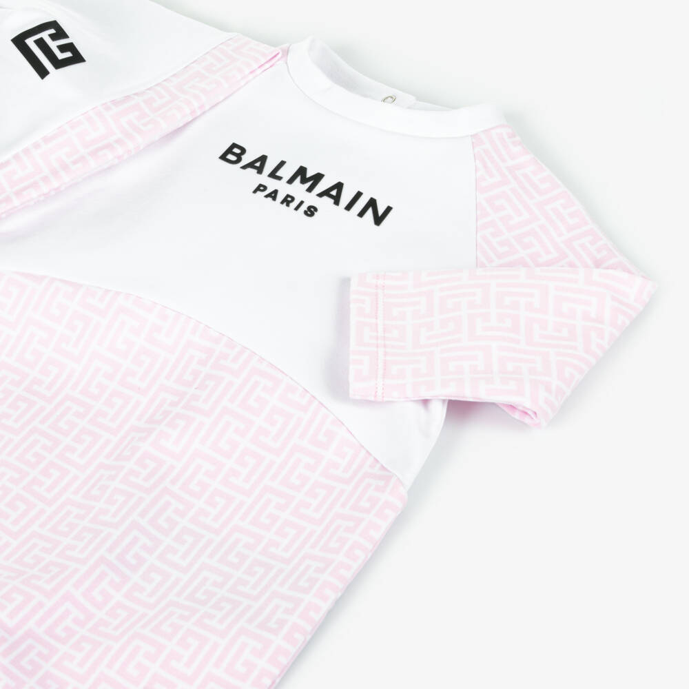 Balmain-Girls Pink & White Cotton Babysuit Set | Childrensalon Outlet