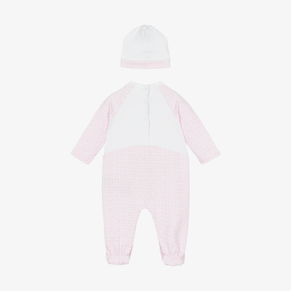 Balmain-Girls Pink & White Cotton Babysuit Set | Childrensalon Outlet