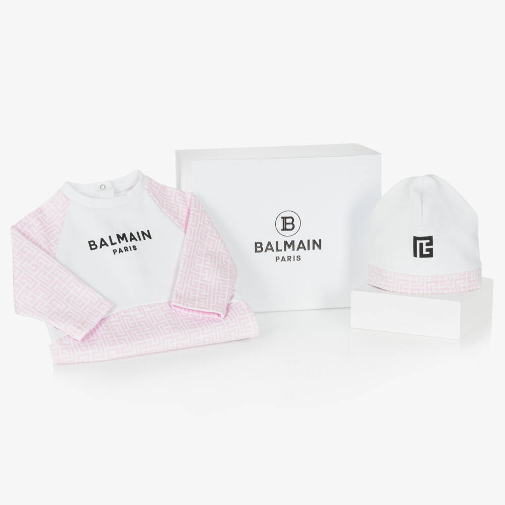 Balmain-Girls Pink & White Cotton Babysuit Set | Childrensalon Outlet