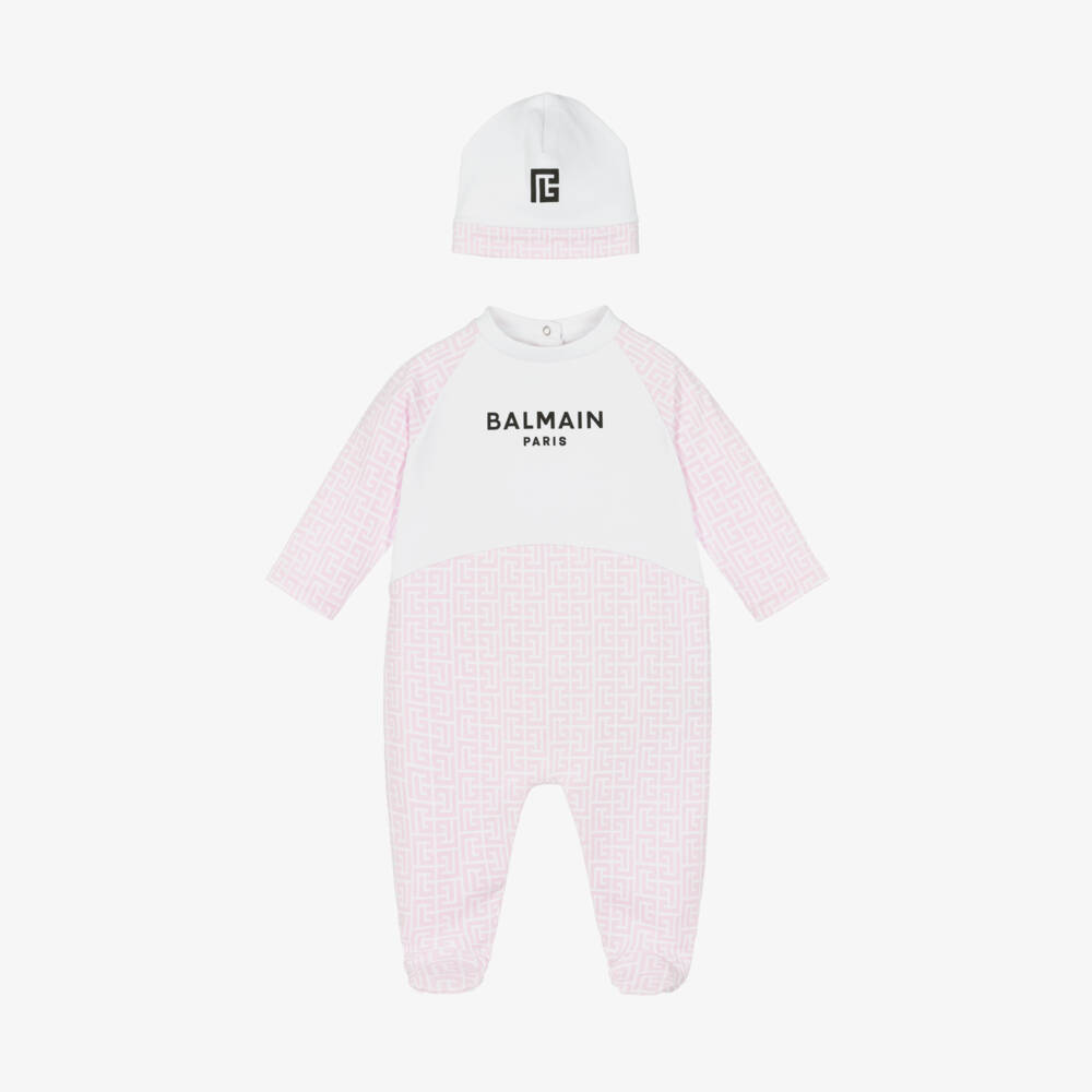 Balmain-Girls Pink & White Cotton Babysuit Set | Childrensalon Outlet