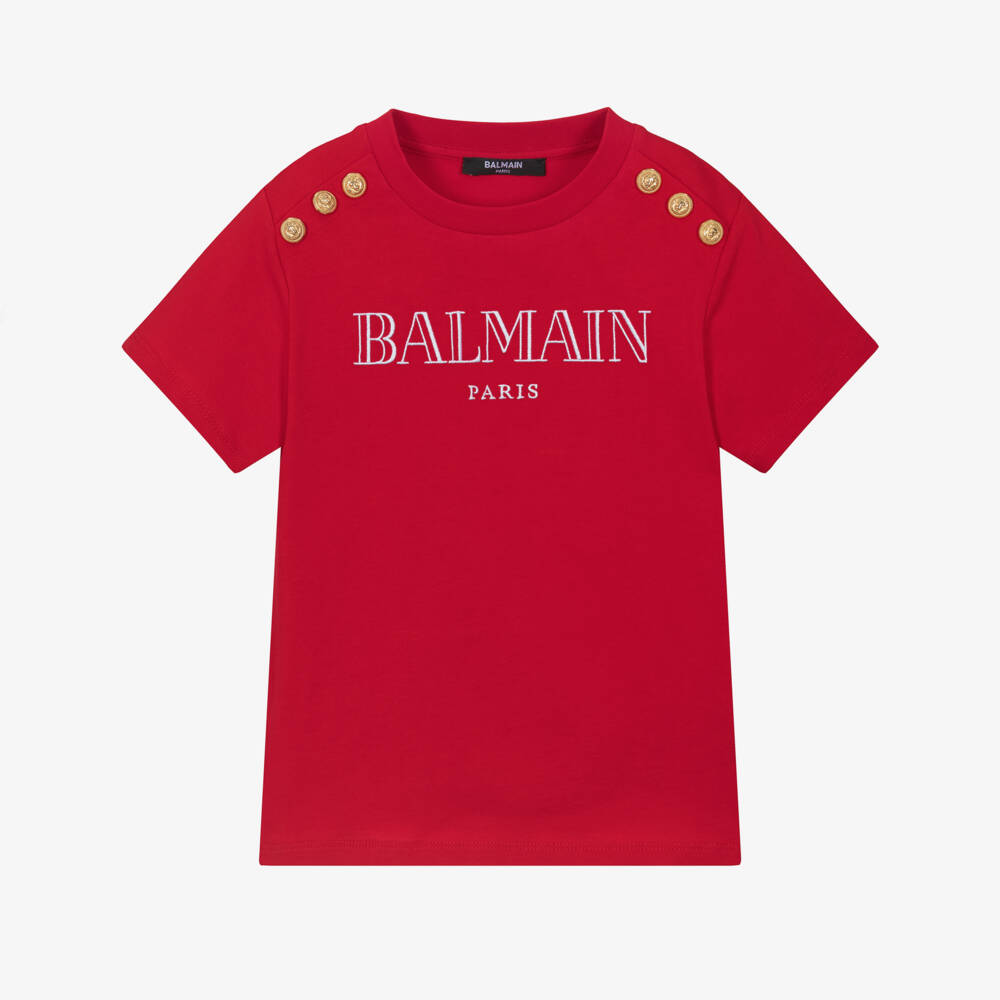 Balmain-Girls Red Logo-Embellished Tee | Childrensalon Outlet