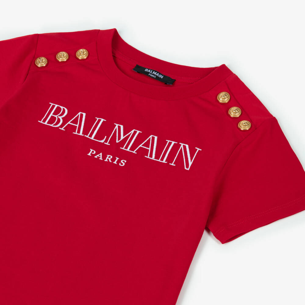Balmain-Girls Red Logo-Embellished Tee | Childrensalon Outlet