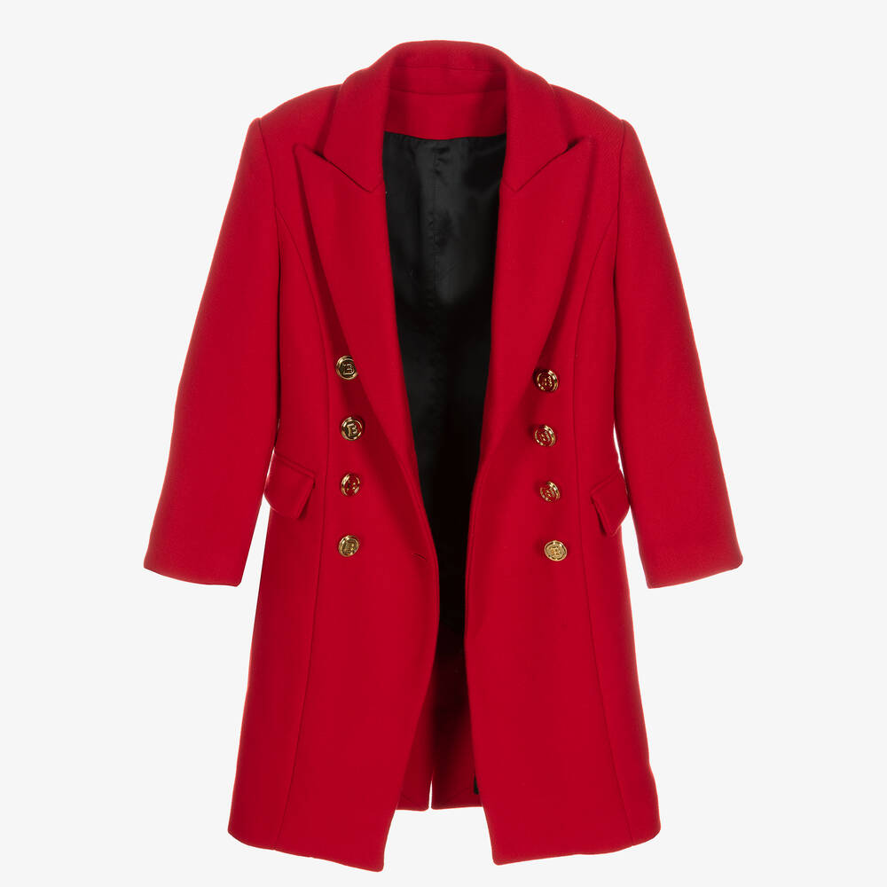 Balmain Girls Red Wool Coat