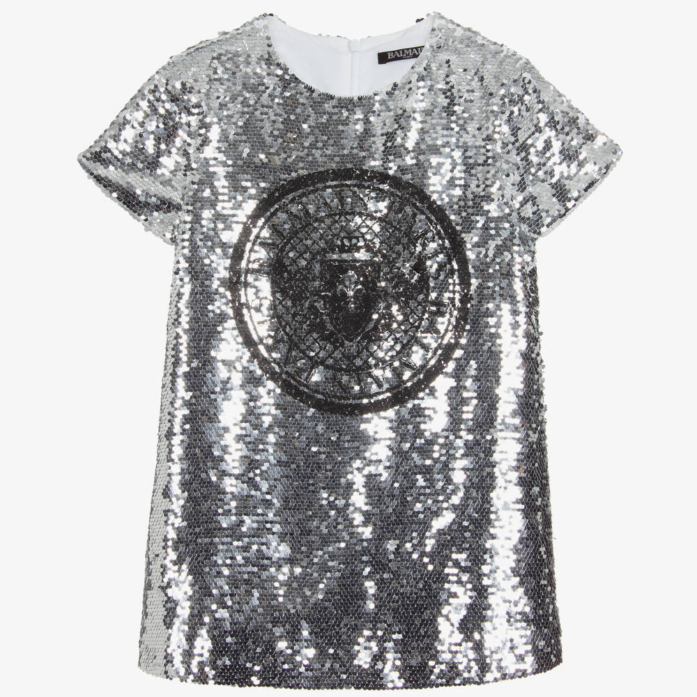 Balmain-Girls Silver Sequin Logo Dress | Childrensalon Outlet