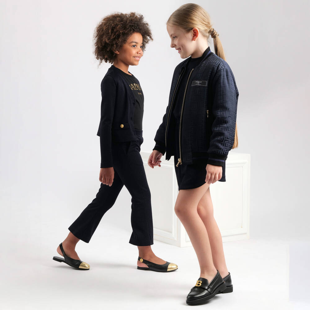 Balmain-Girls Sleek Black Shoulder-Enhanced Tee | Childrensalon Outlet