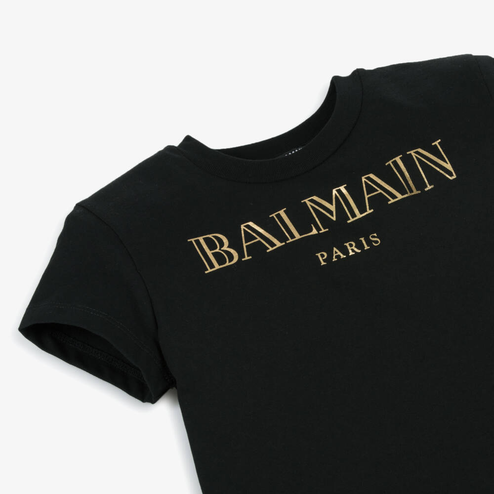 Balmain-Girls Sleek Black Shoulder-Enhanced Tee | Childrensalon Outlet