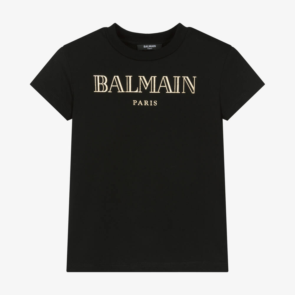 Balmain-Girls Sleek Black Shoulder-Enhanced Tee | Childrensalon Outlet