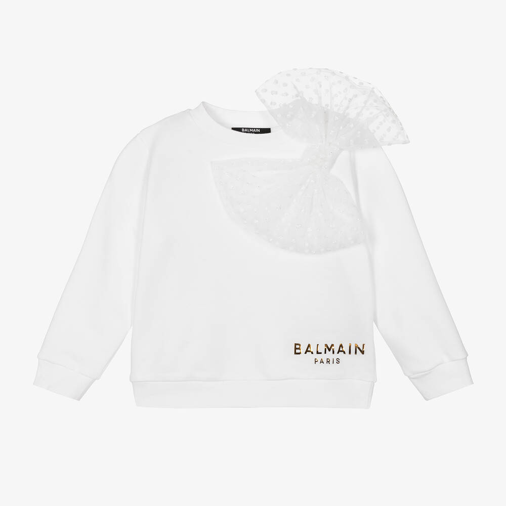 Balmain-Girls White Bow Cotton Sweatshirt | Childrensalon Outlet
