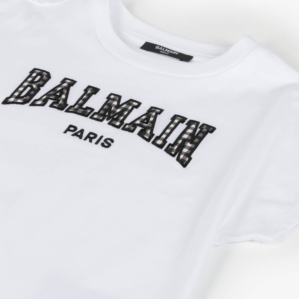 Balmain-Girls White Checkered Cotton Tee | Childrensalon Outlet