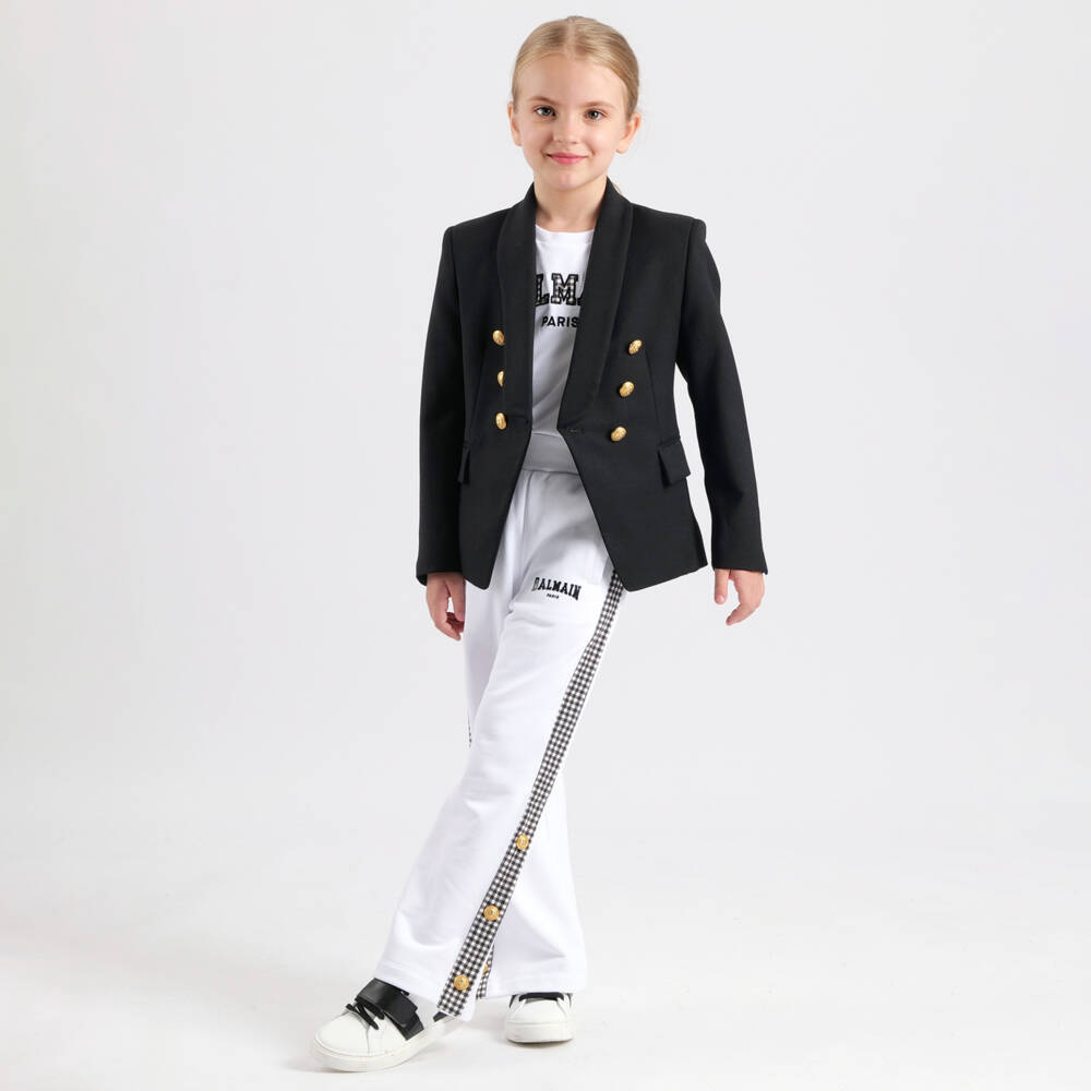 Balmain-Girls White Checkered Cotton Tee | Childrensalon Outlet