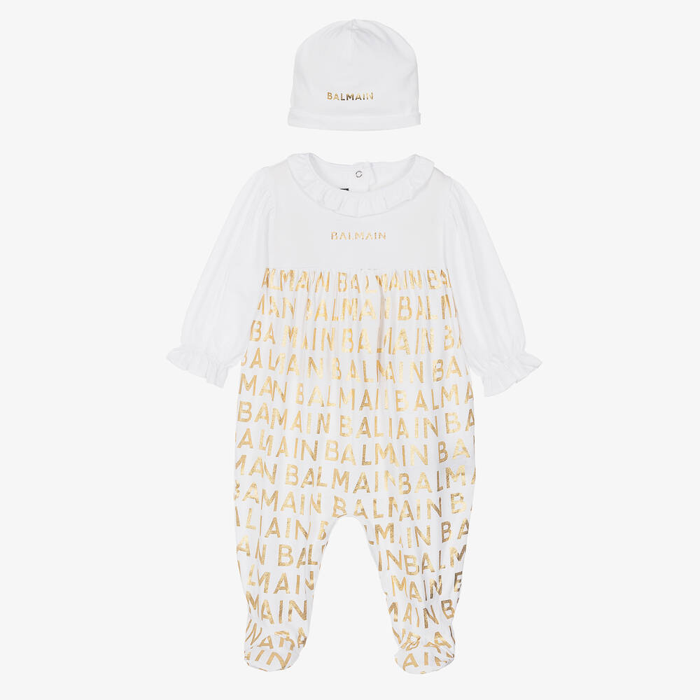 Balmain-Girls White Cotton Babygrow Gift Set | Childrensalon Outlet