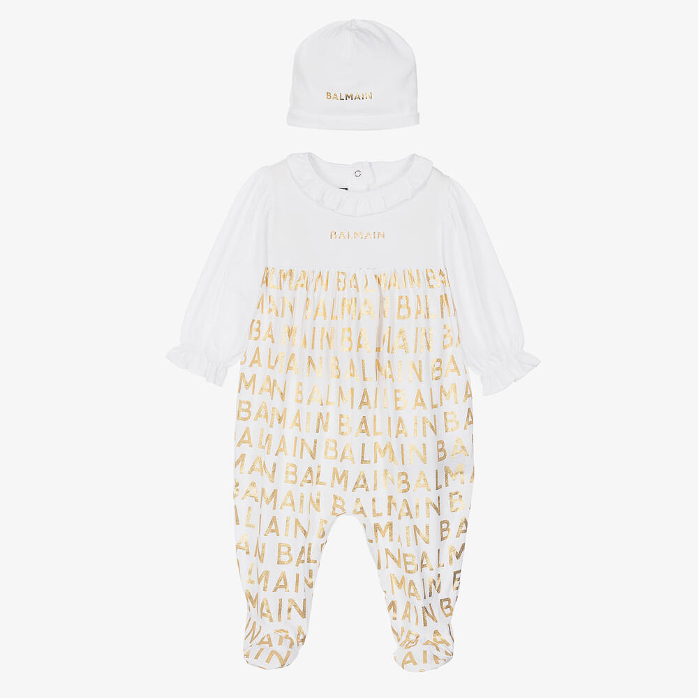 Balmain - Girls White Cotton Babygrow Gift Set | Childrensalon