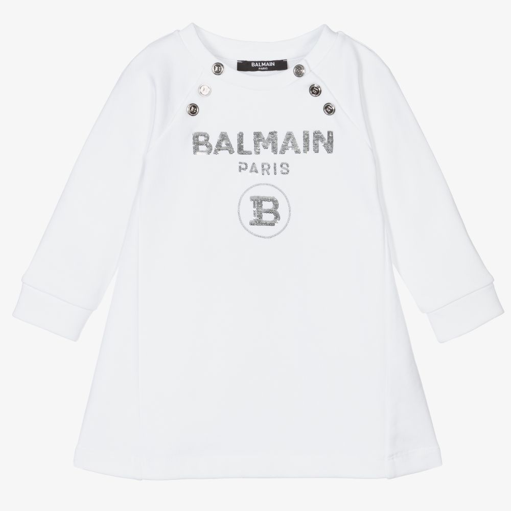 Girls White Cotton Logo Dress