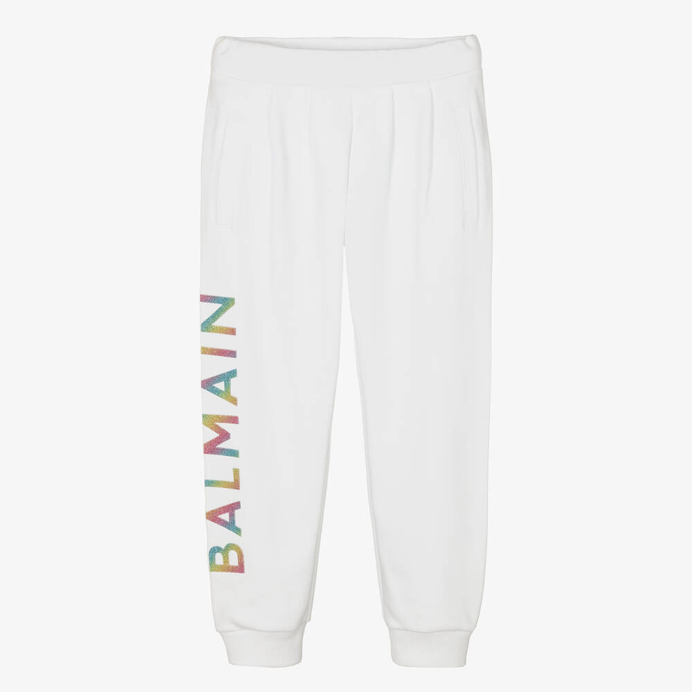 Balmain - Girls White Cotton Logo Joggers | Childrensalon