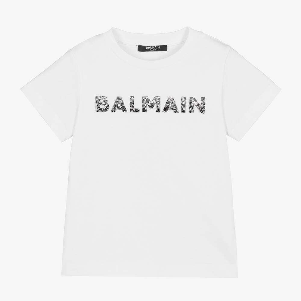 Balmain - Girls White Cotton Sequin T-Shirt | Childrensalon