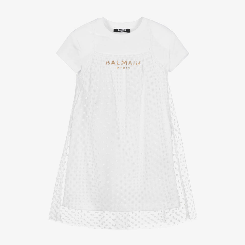 Balmain-Girls White Cotton & Tulle Dress  | Childrensalon Outlet