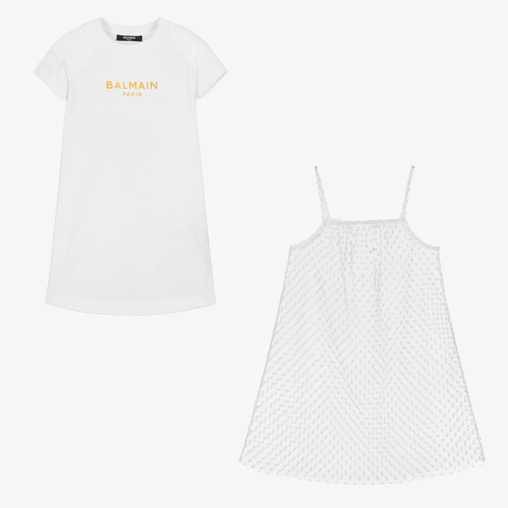 Balmain-Girls White Cotton & Tulle Dress  | Childrensalon Outlet