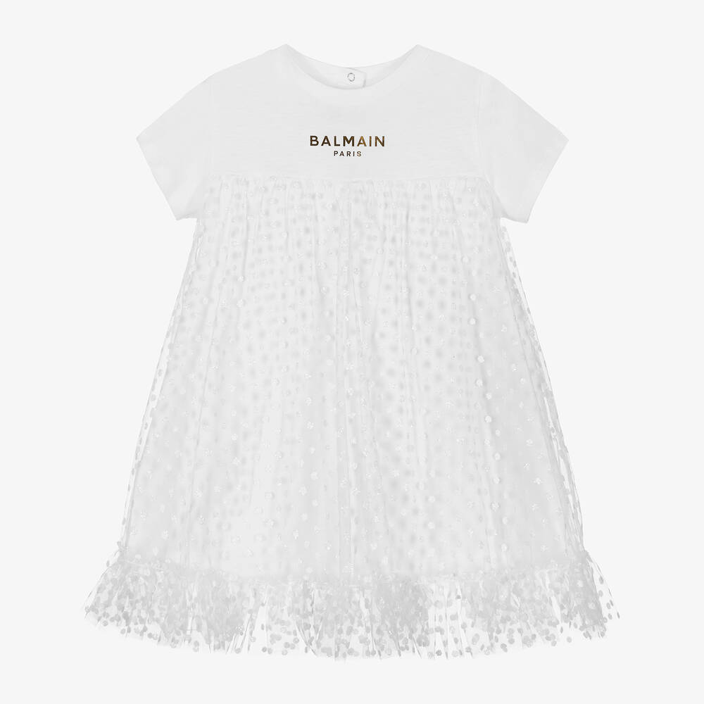 Balmain-Girls White Cotton & Tulle Dress | Childrensalon Outlet