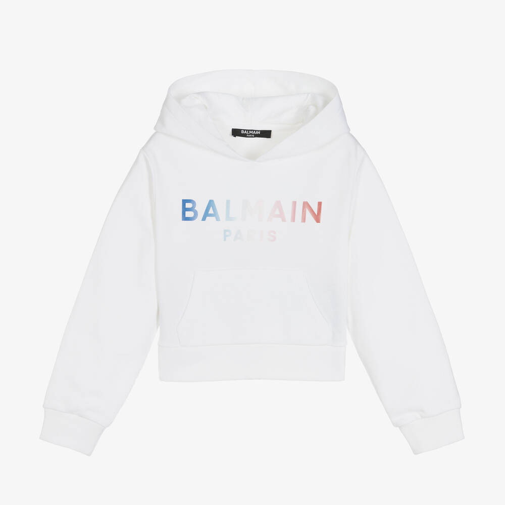 Balmain-Girls White Cropped Hoodie | Childrensalon Outlet