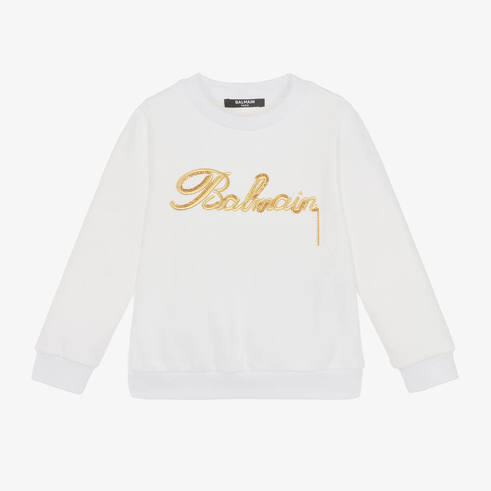 Balmain-Girls White Embroidered Cotton Sweatshirt | Childrensalon Outlet