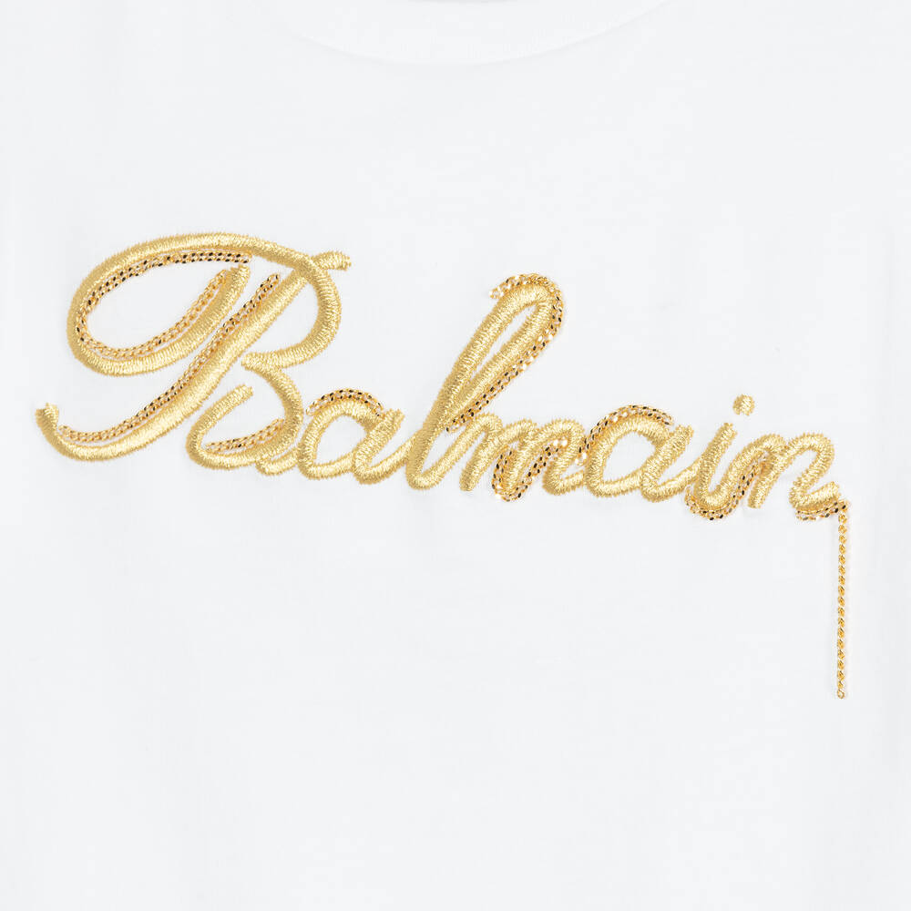 Balmain-Girls White Embroidered Cotton T-Shirt | Childrensalon Outlet