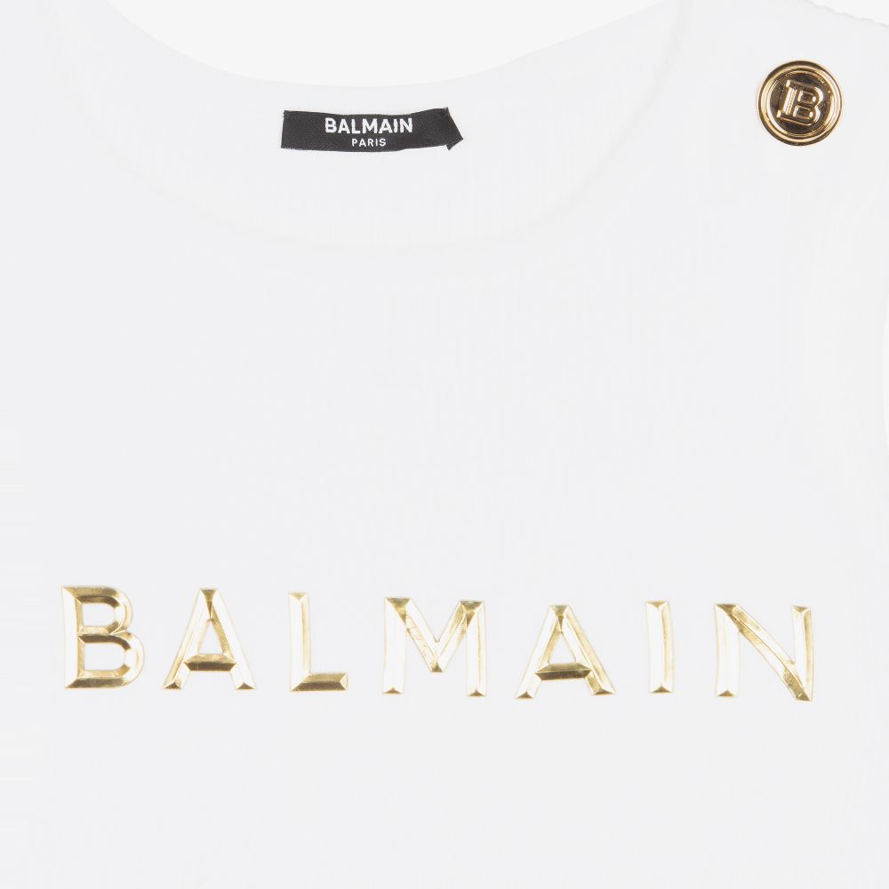 Balmain-Girls White & Gold Logo Dress | Childrensalon Outlet