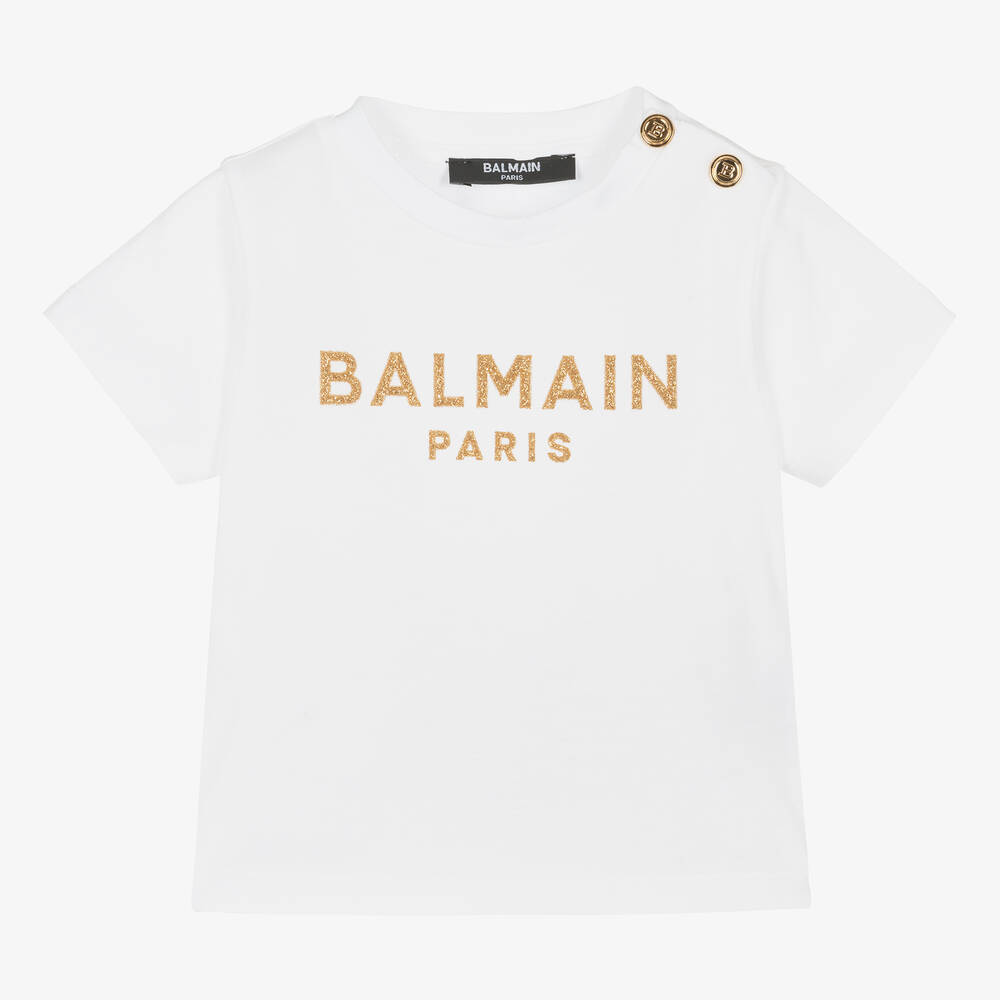 Balmain - Girls White & Gold Logo T-Shirt | Childrensalon