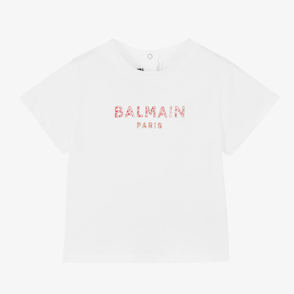 Balmain - تيشيرت أطفال بناتي قطن لون أبيض وزهري | Childrensalon